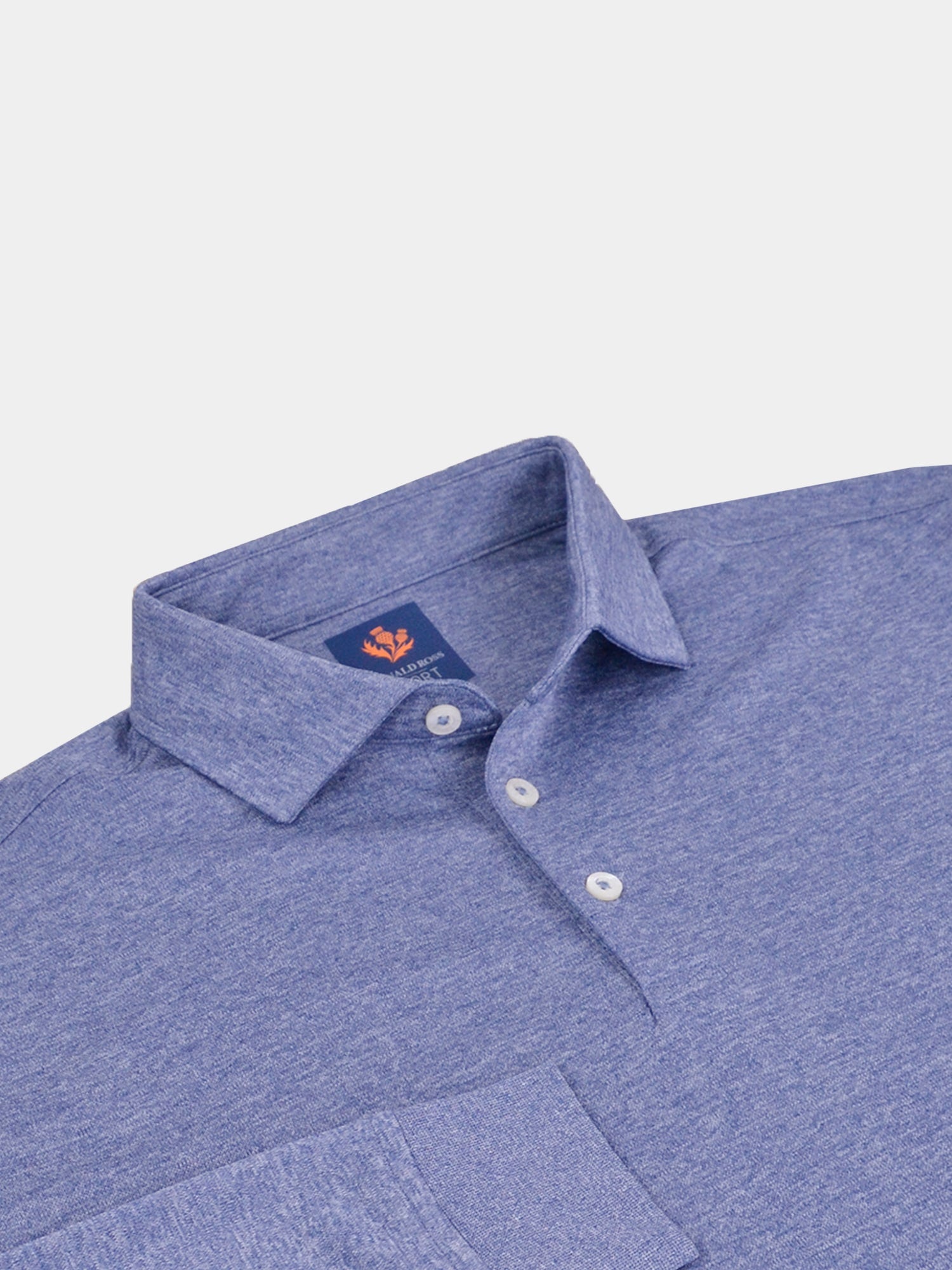 Blue heathered golf polo shirt with a folded collar and three white buttons