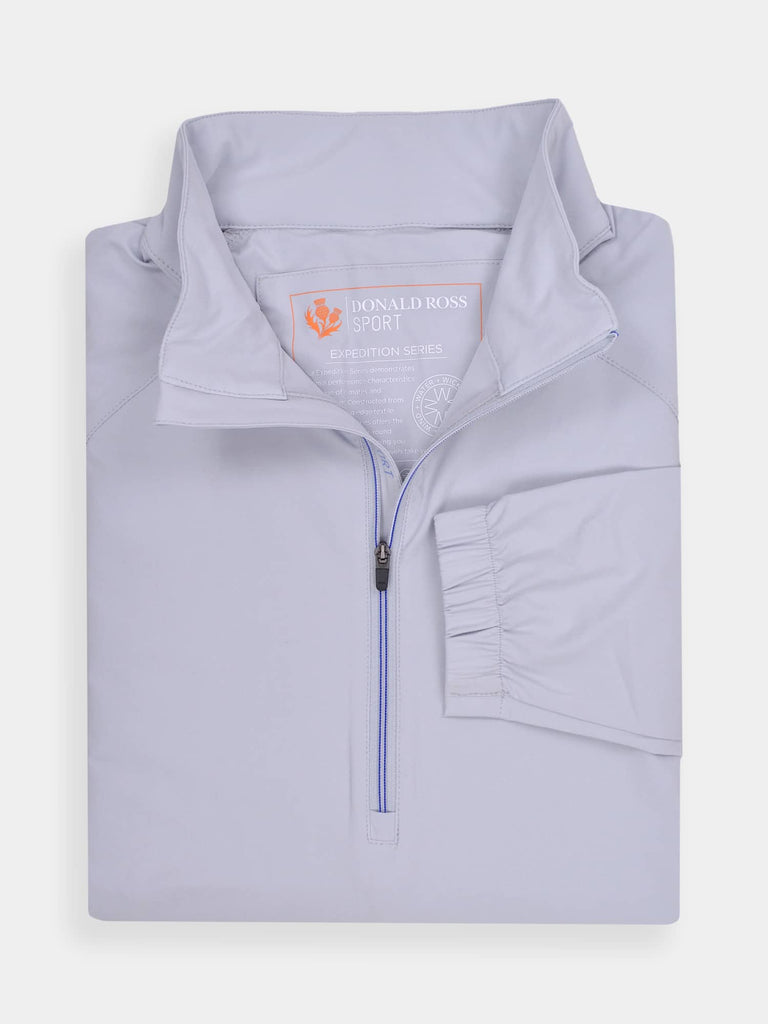 Folded light gray quarter-zip pullover for men with blue zipper