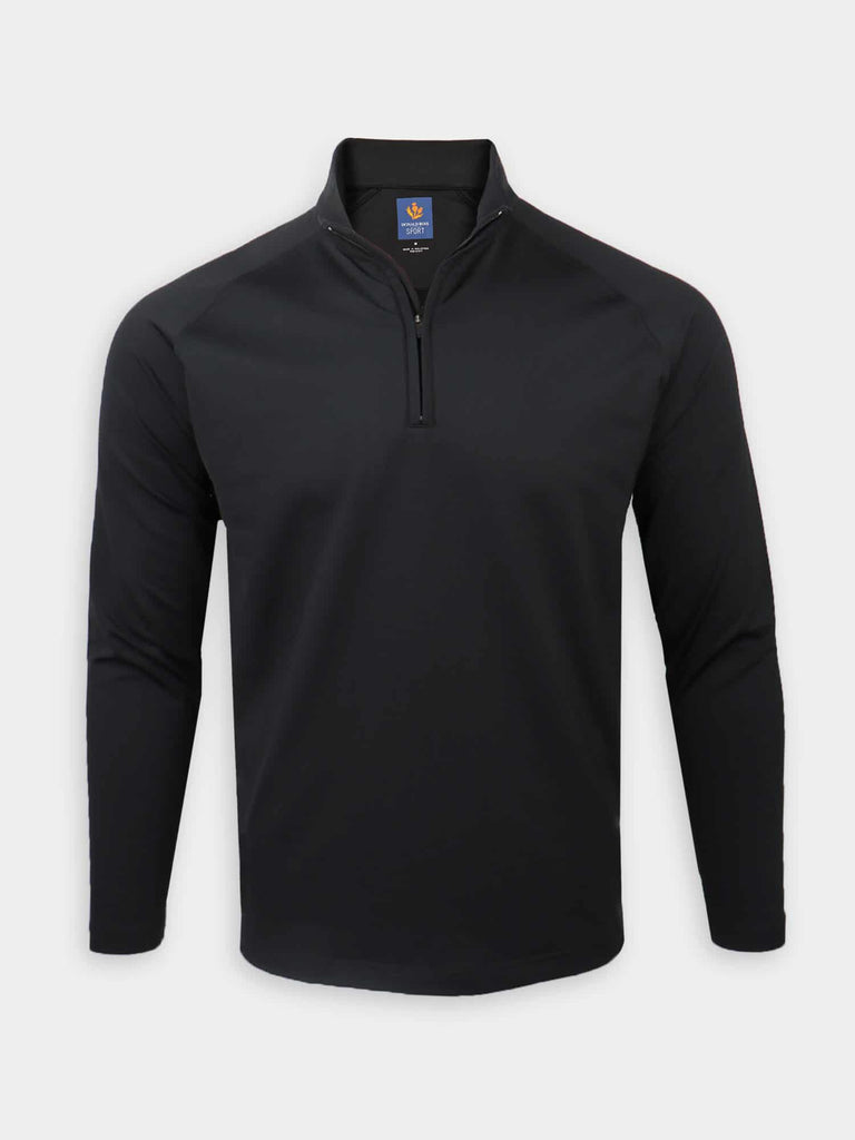 Black long-sleeve pullover with a quarter-zip collar on a white background