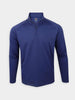 A navy blue long-sleeve pullover with a quarter-zip front and high collar, displayed against a plain white background