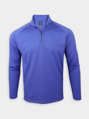 A royal blue long-sleeve athletic pullover with a quarter-zip front and a stand-up collar