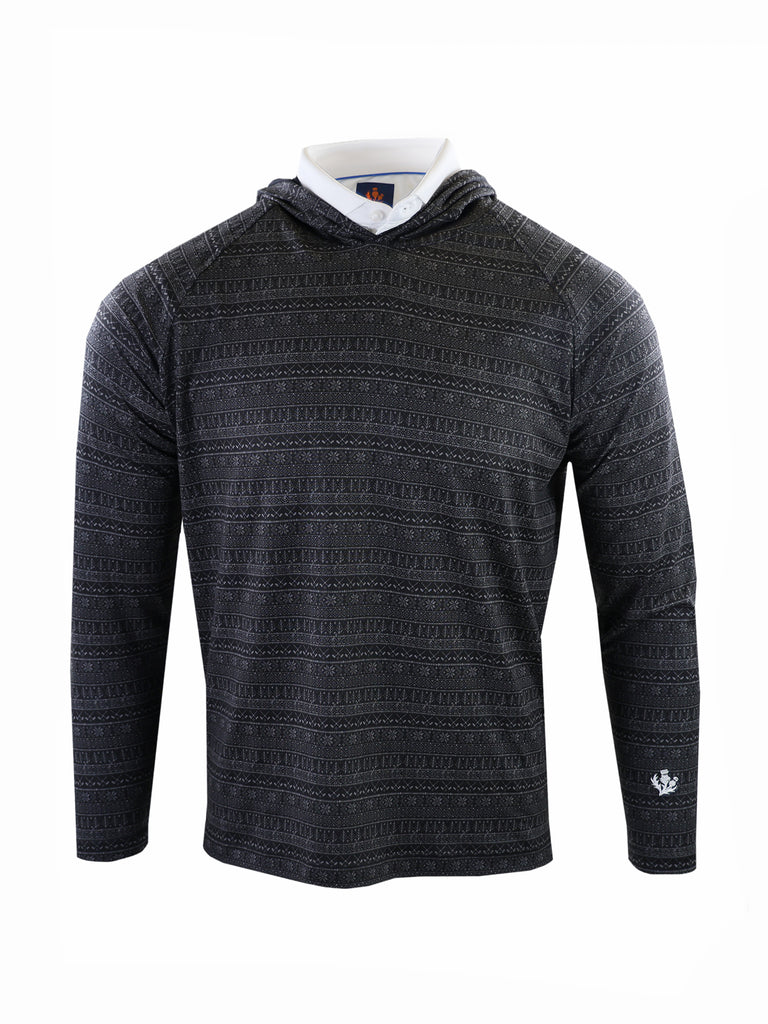 A men's sport fit Fair Isle performance hoodie in black featuring a classic Nordic-inspired pattern across the chest and shoulders.