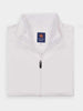 White quarter-zip vest folded neatly against a plain white background