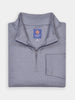 A neatly folded gray quarter-zip pullover with a textured pattern, featuring performance fabrics