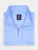 Folded pastel blue quarter-zip golf pullover with a visible label inside the collar