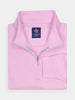 Folded pink quarter-zip pullover with a medium blue label featuring performance golf fabric