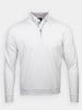 White long-sleeve pullover with a half-zipper and patterned collar lining. The sleek design conveys a crisp, modern, and minimalist style