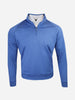 A blue long-sleeve pullover with a quarter-zip neckline over a white collared shirt