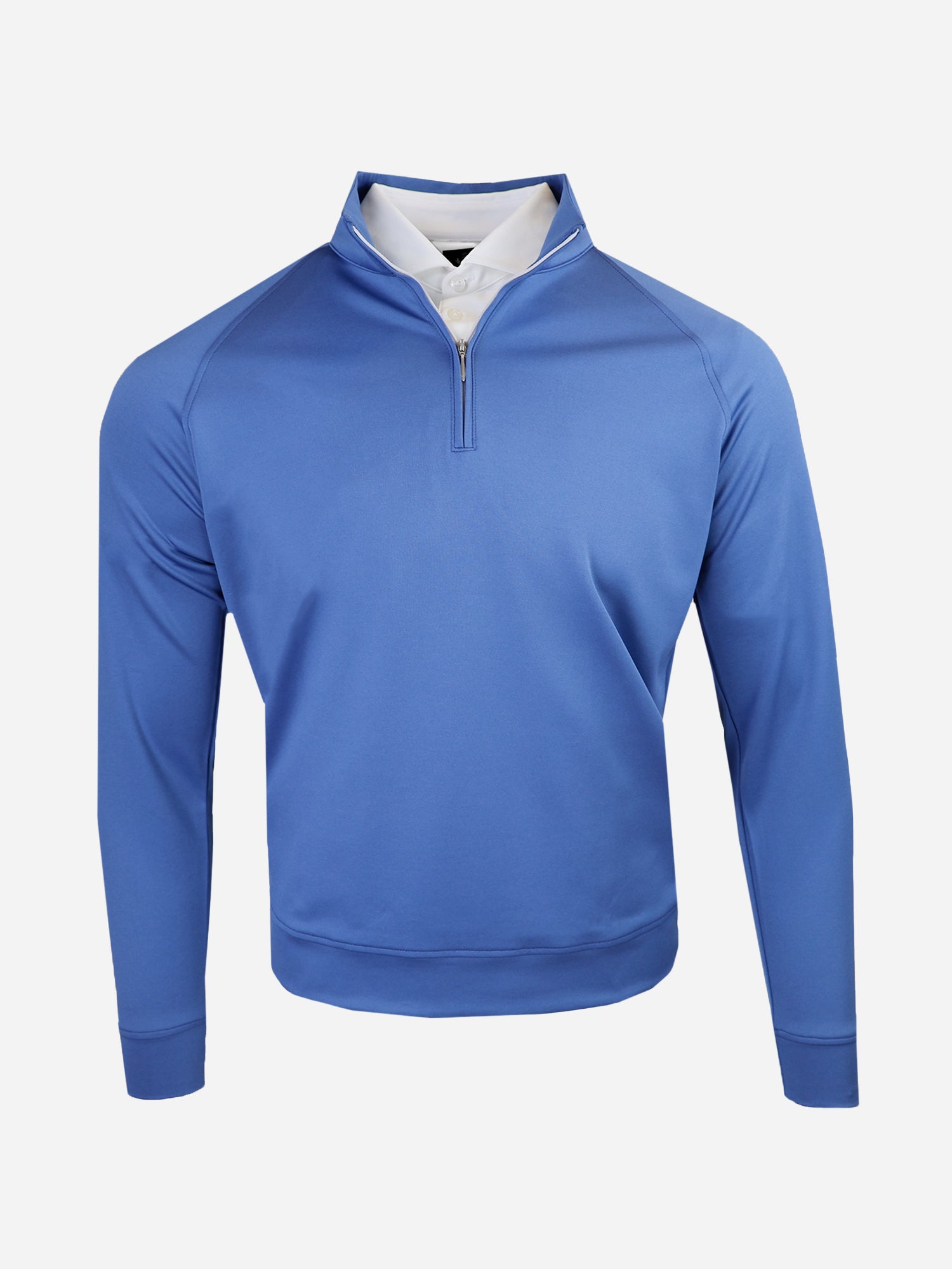 A blue long-sleeve pullover with a quarter-zip neckline over a white collared shirt