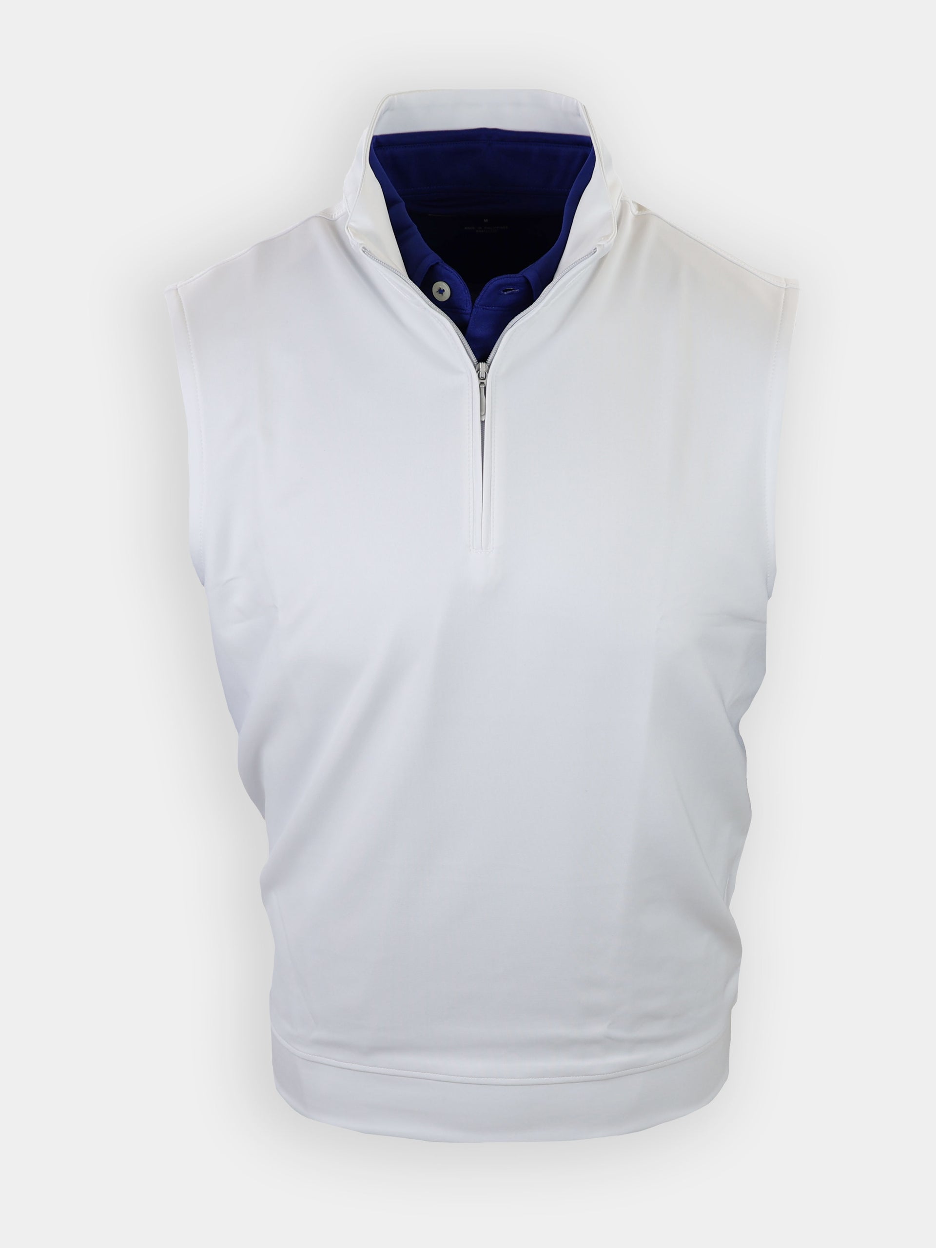 Sleeveless white zip-up vest with a high collar and a blue shirt visible underneath.