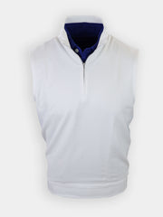 Sleeveless white zip-up vest with a high collar and a blue shirt visible underneath.