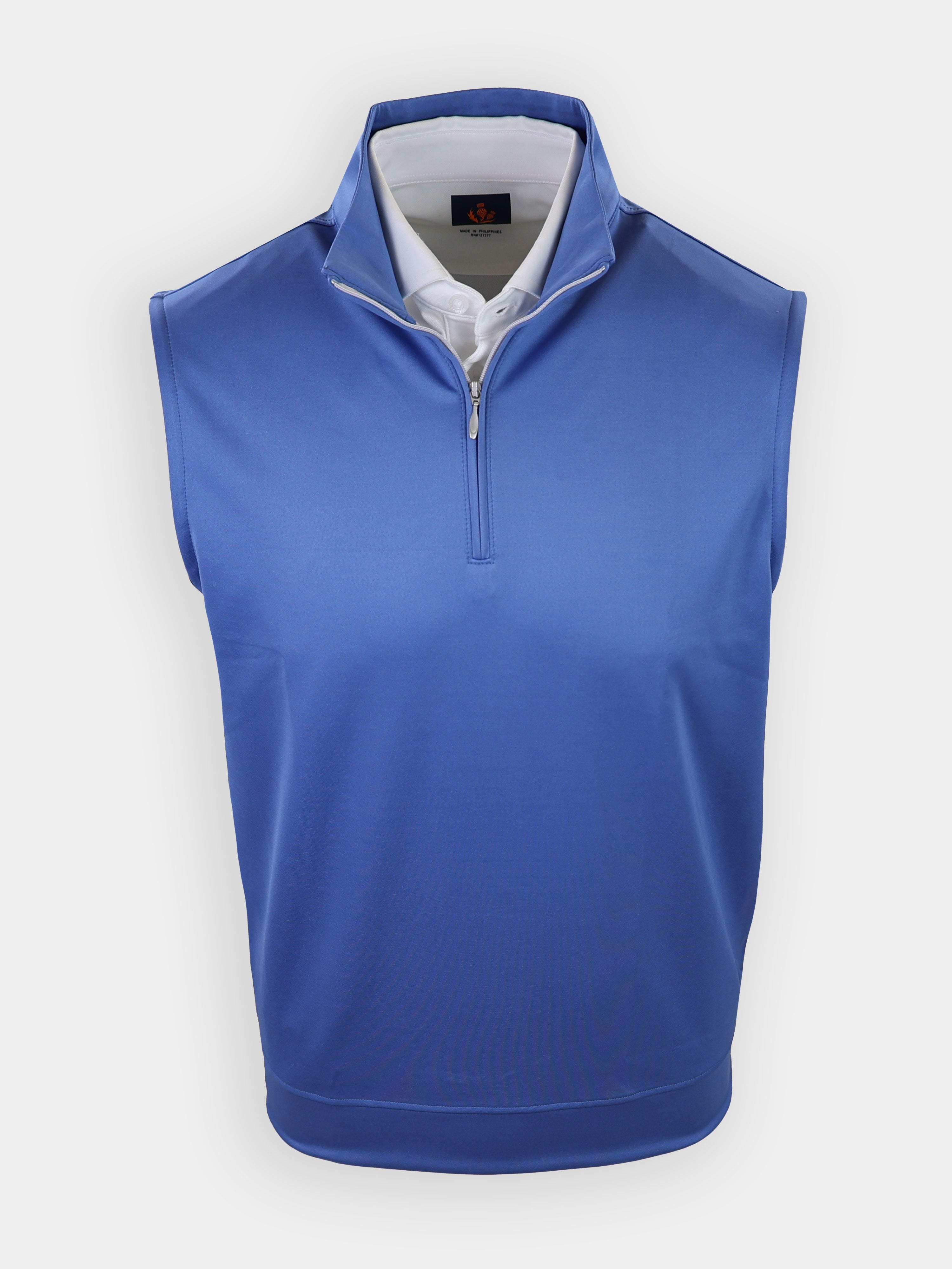 A sleeveless blue athletic pullover with a high collar and a zippered front is displayed against a white background.