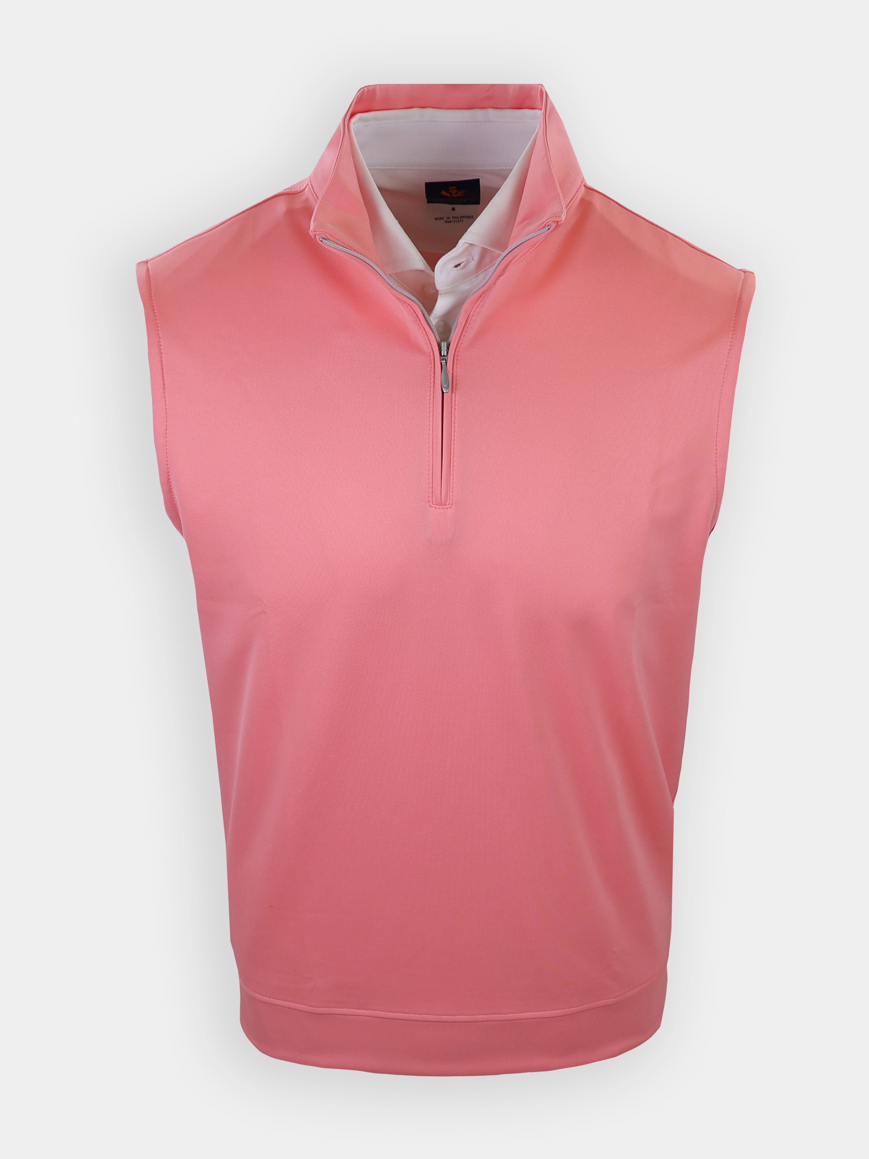 Short pink sleeveless polo shirt with a zippered neckline and a white collar.