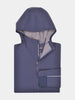 A neatly folded navy blue hoodie with a visible branded tag. The hoodie features a full zip, soft inner lining, and a cuff with a subtle white stripe