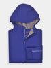 Folded blue hooded jacket with a partial zip, displayed against a white background