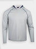 Light gray long-sleeve golf hoodie with navy detailing on the collar