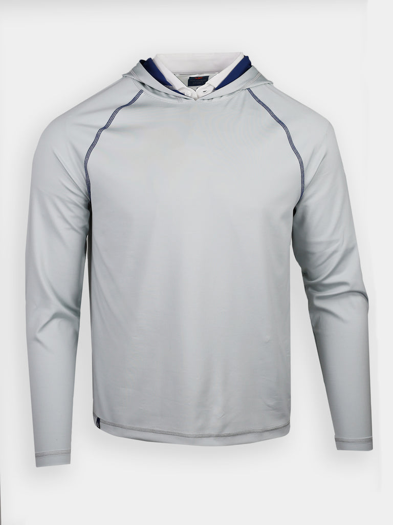 Light gray long-sleeve golf hoodie with navy detailing on the collar