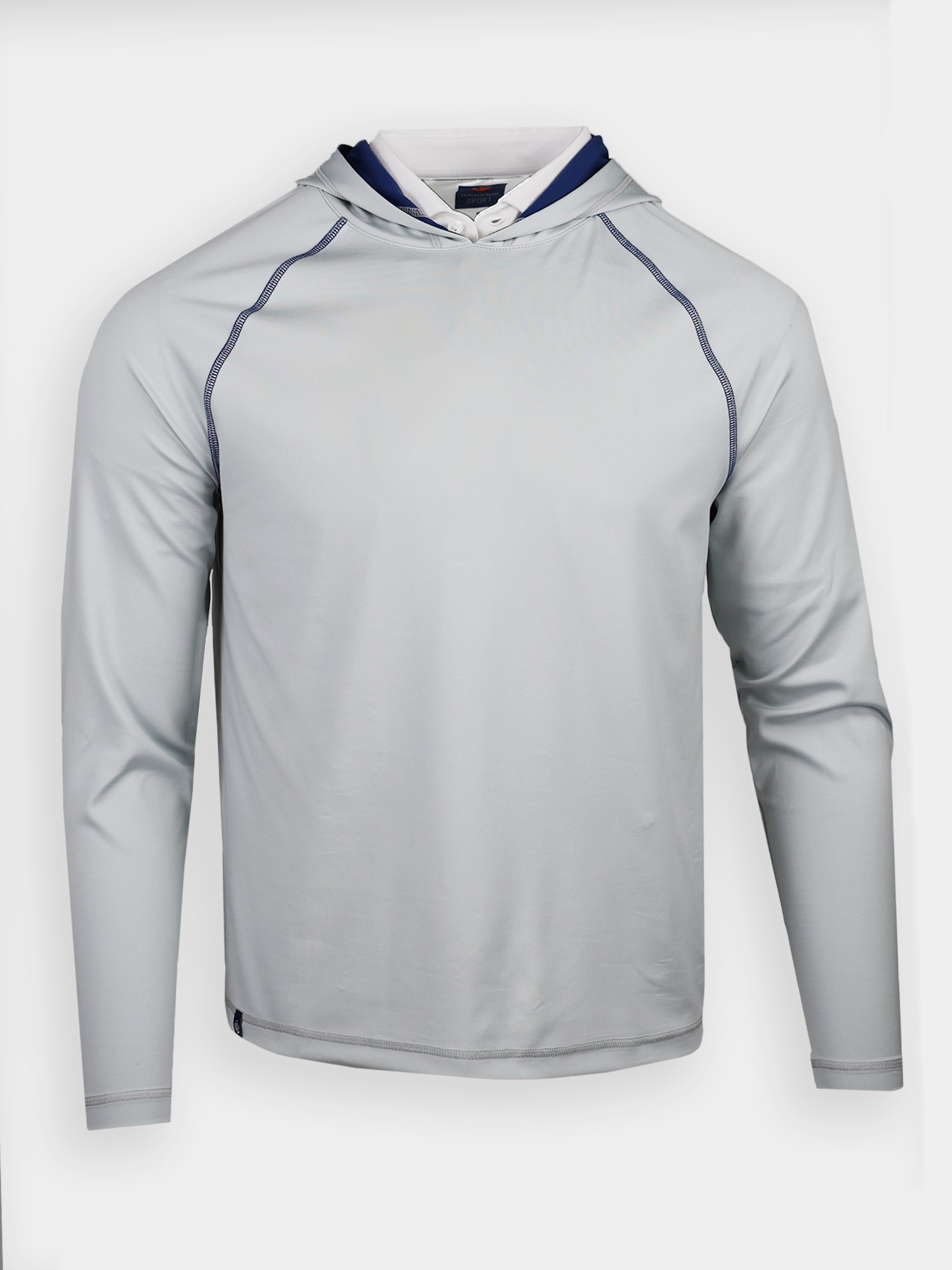Light gray long-sleeve golf hoodie with navy detailing on the collar