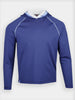 Blue long-sleeve pullover shirt with a hood, featuring light blue stitching along the seams, set against a plain white background