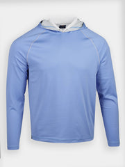 Light blue long-sleeve hoodie with white lining sits against a plain background