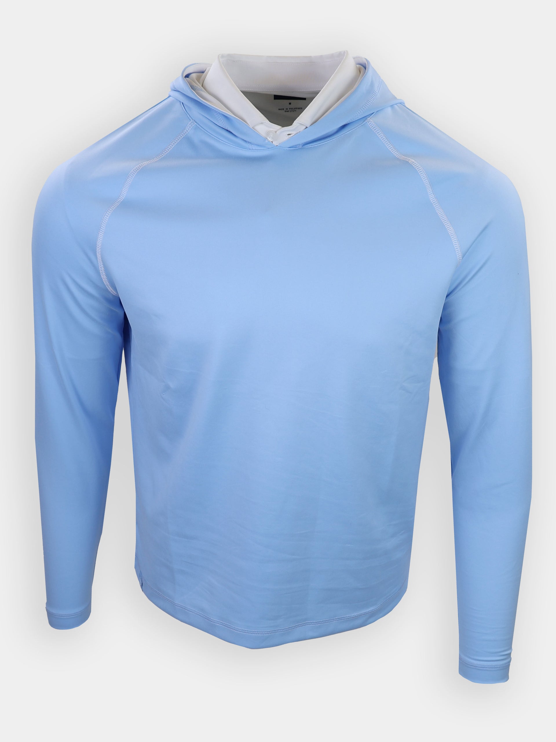 Light blue long-sleeved shirt with a hood displayed against a plain background.