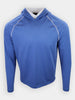 A blue long-sleeve hooded shirt is displayed against a plain white background.