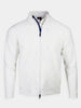 White zip-up jacket with a stand-up collar, featuring a chest pocket and sleek design