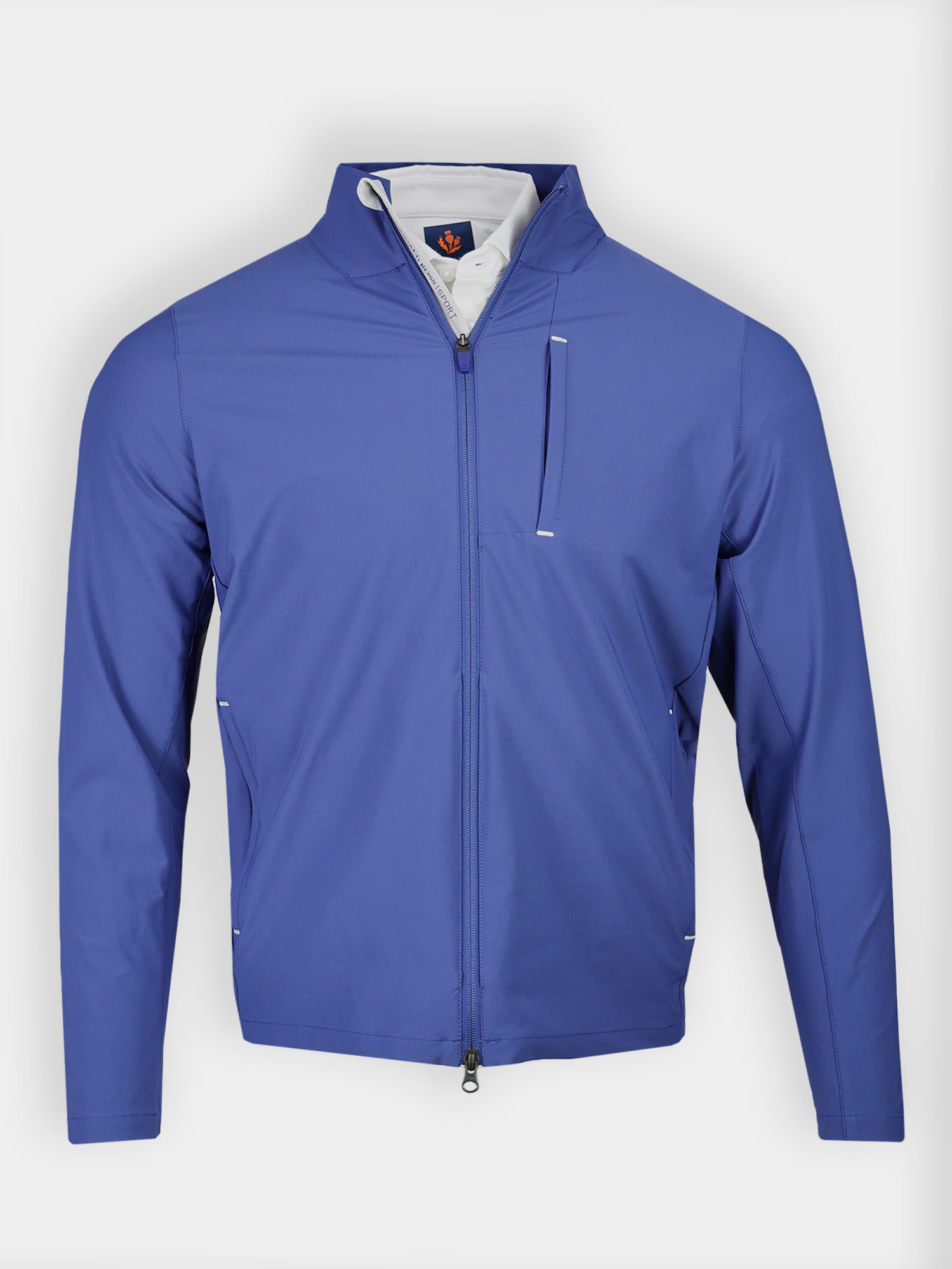 Blue zip-up golf jacket with a high collar and subtle stitching details. The sleek design features a zipped chest pocket and appears lightweight and modern