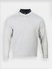 Gray crewneck sweater with long sleeves, featuring a contrasting black button-down collar