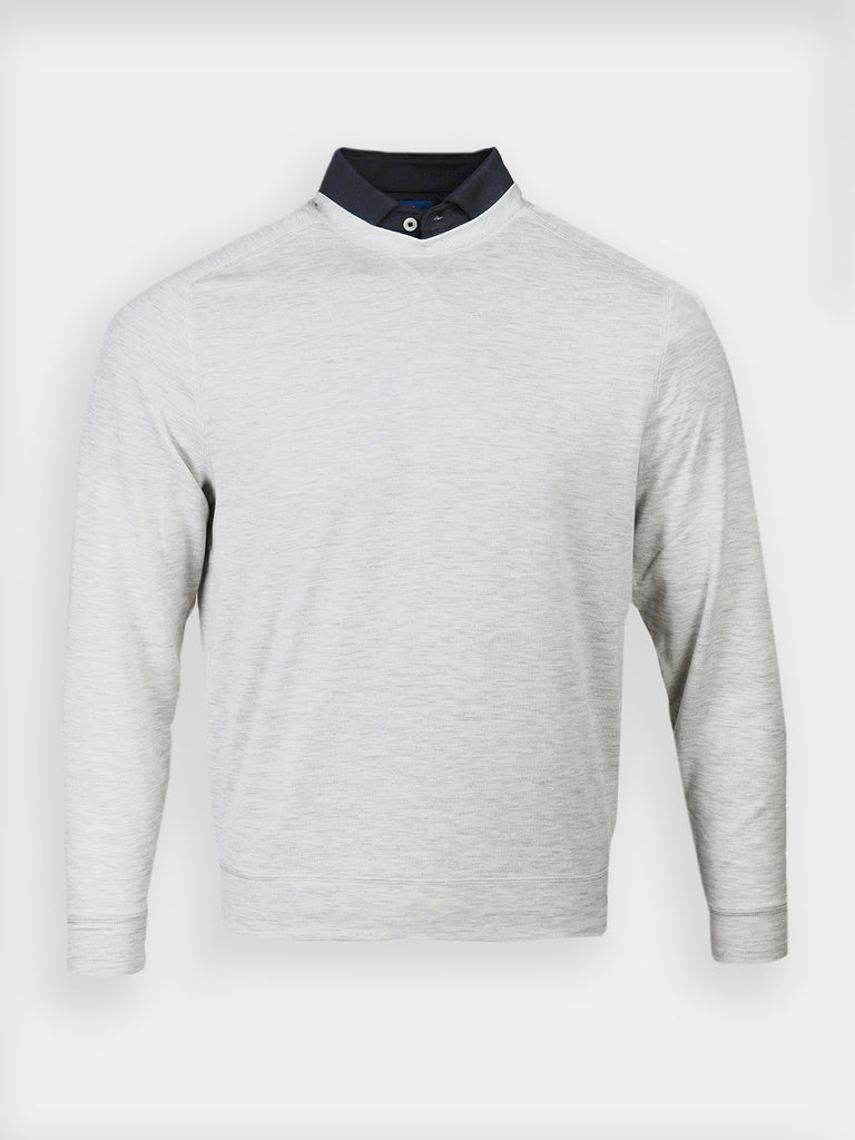Gray crewneck sweater with long sleeves, featuring a contrasting black button-down collar
