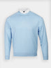 Light blue crewneck sweatshirt with long sleeves, featuring a white button-down collar underneath
