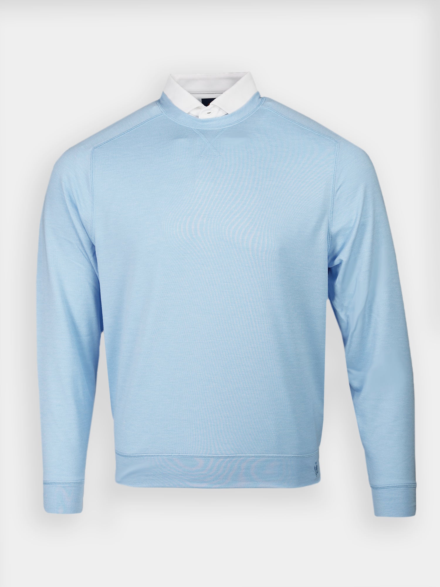 Light blue crewneck sweatshirt with long sleeves, featuring a white button-down collar underneath