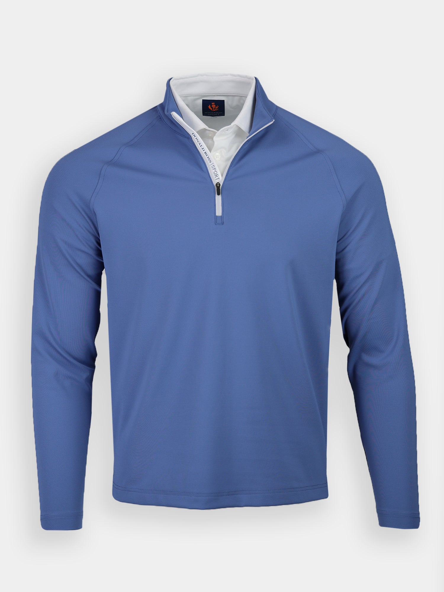 A blue long-sleeve quarter-zip pullover with a white collar shirt underneath, displayed against a plain white background