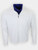 A white long-sleeve shirt with a zippered collar is displayed over a blue collared shirt.