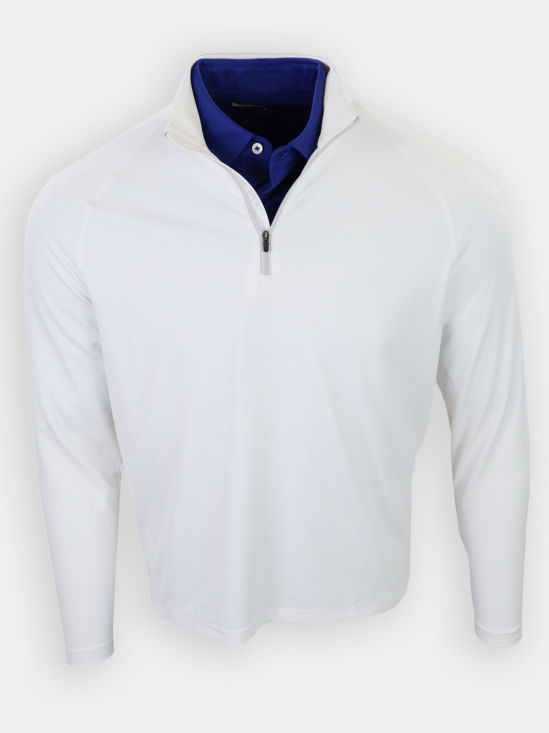 A white long-sleeve shirt with a zippered collar is displayed over a blue collared shirt.