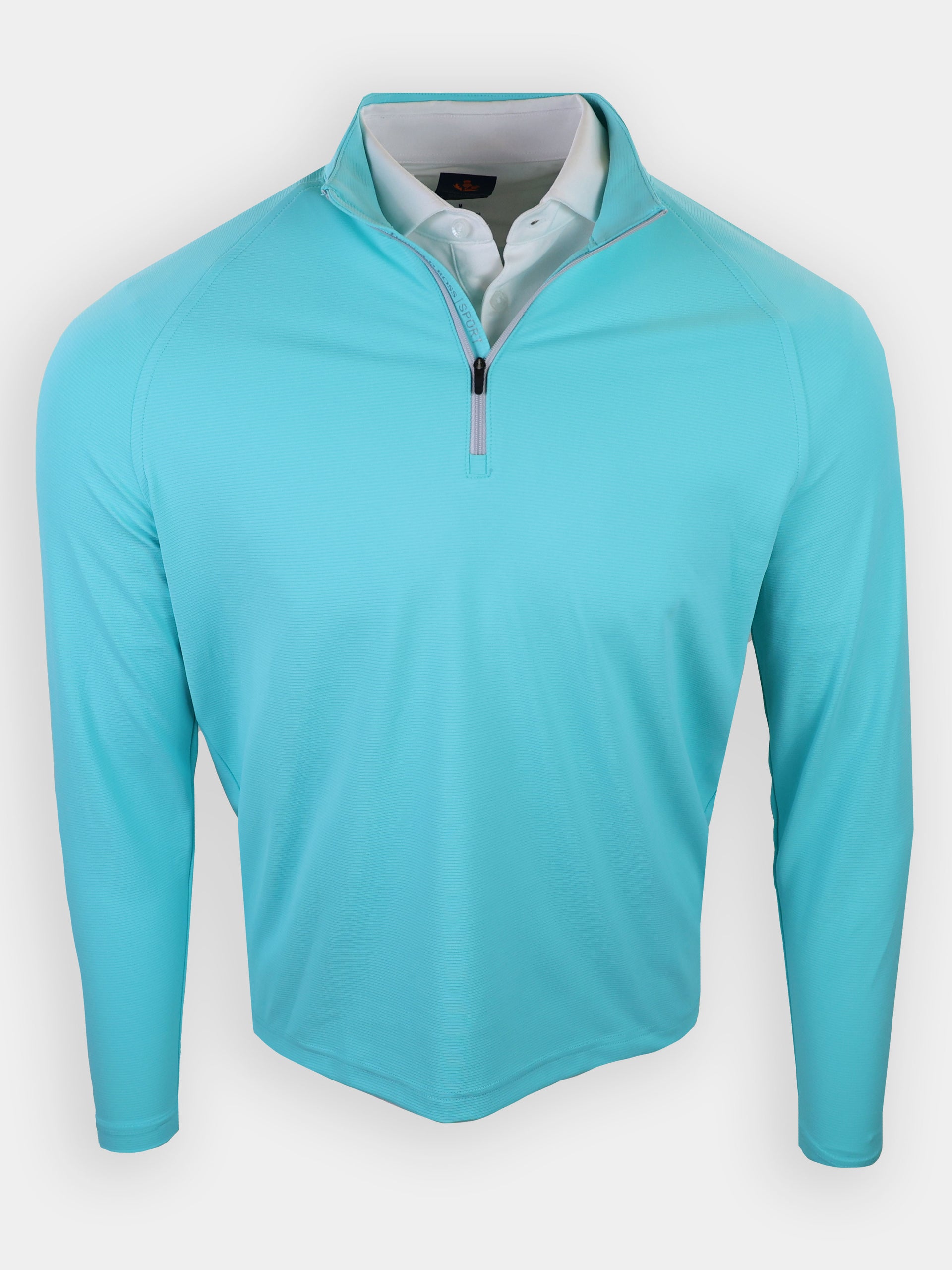 A turquoise long-sleeve shirt with a zippered collar is displayed against a plain white background.