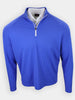 A blue long-sleeve pullover with a zippered collar is displayed against a plain background.