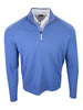 Long-sleeve, light blue quarter-zip pullover with a white collar is displayed against a plain background.
