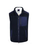 Navy fleece vest with stand collar, zippered chest pocket, and contrasting navy nylon trim details.