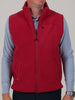 Man wearing a vibrant red fleece vest over a light blue shirt. The vest has a zippered pocket on the chest and two side pockets, conveying warmth and casual style.