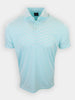 Light blue polo shirt with horizontal stripes displayed against a white background.