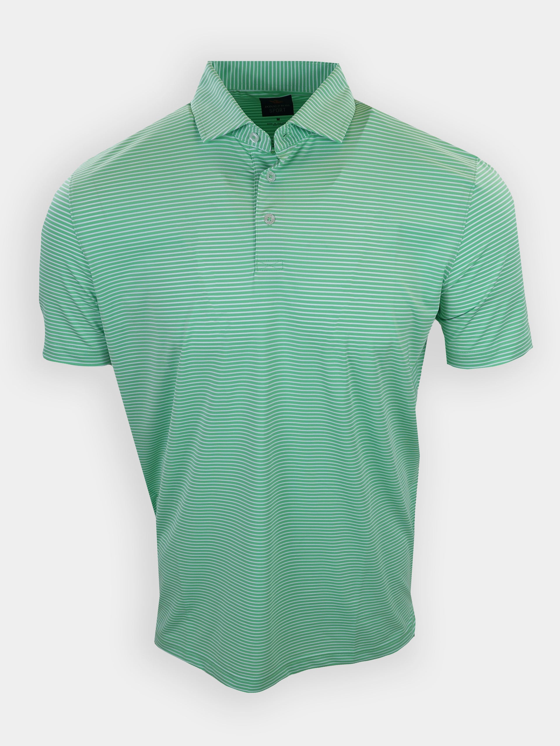 Light green striped polo shirt displayed against a plain background.
