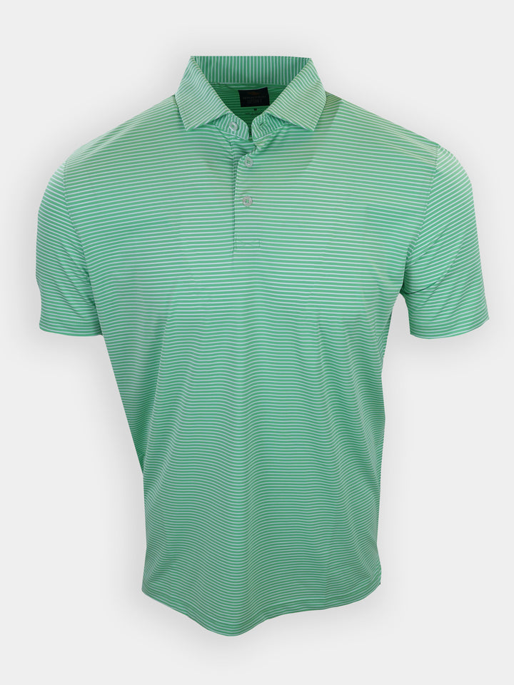 Light green striped polo shirt displayed against a plain background.
