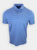 Short-sleeved blue polo shirt with white horizontal stripes displayed on a plain background.