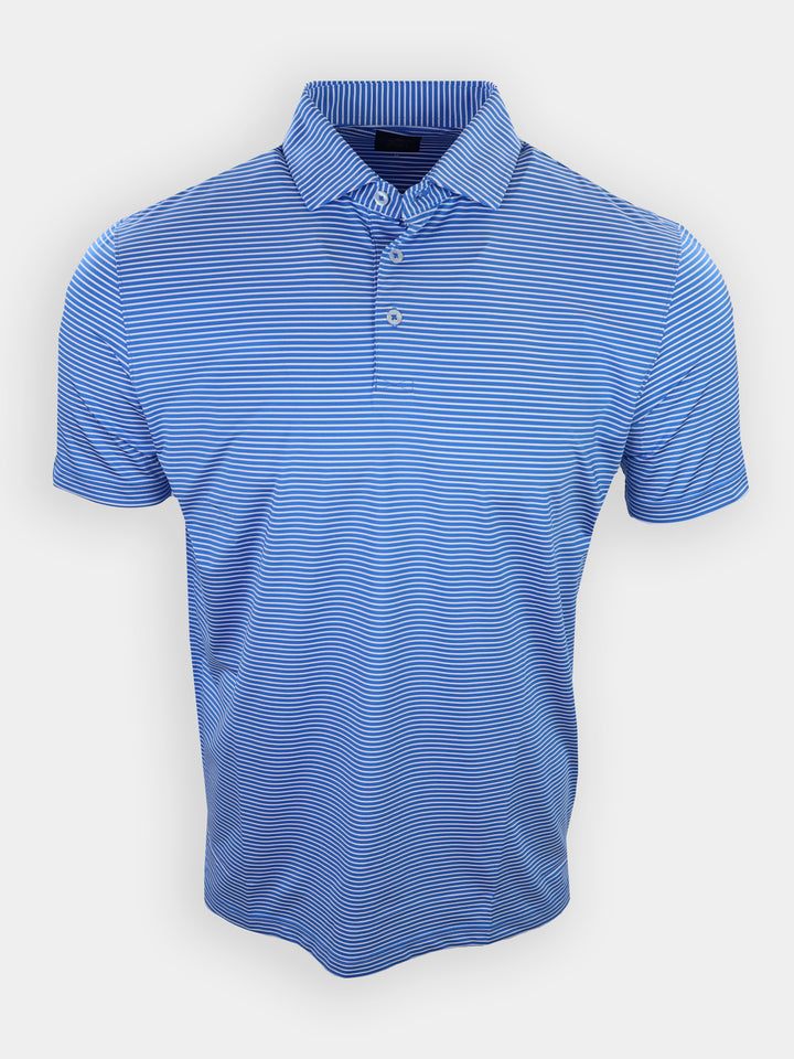 Short-sleeved blue polo shirt with white horizontal stripes displayed on a plain background.