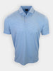 Light blue polo shirt with horizontal stripes and a buttoned collar displayed against a plain white background.
