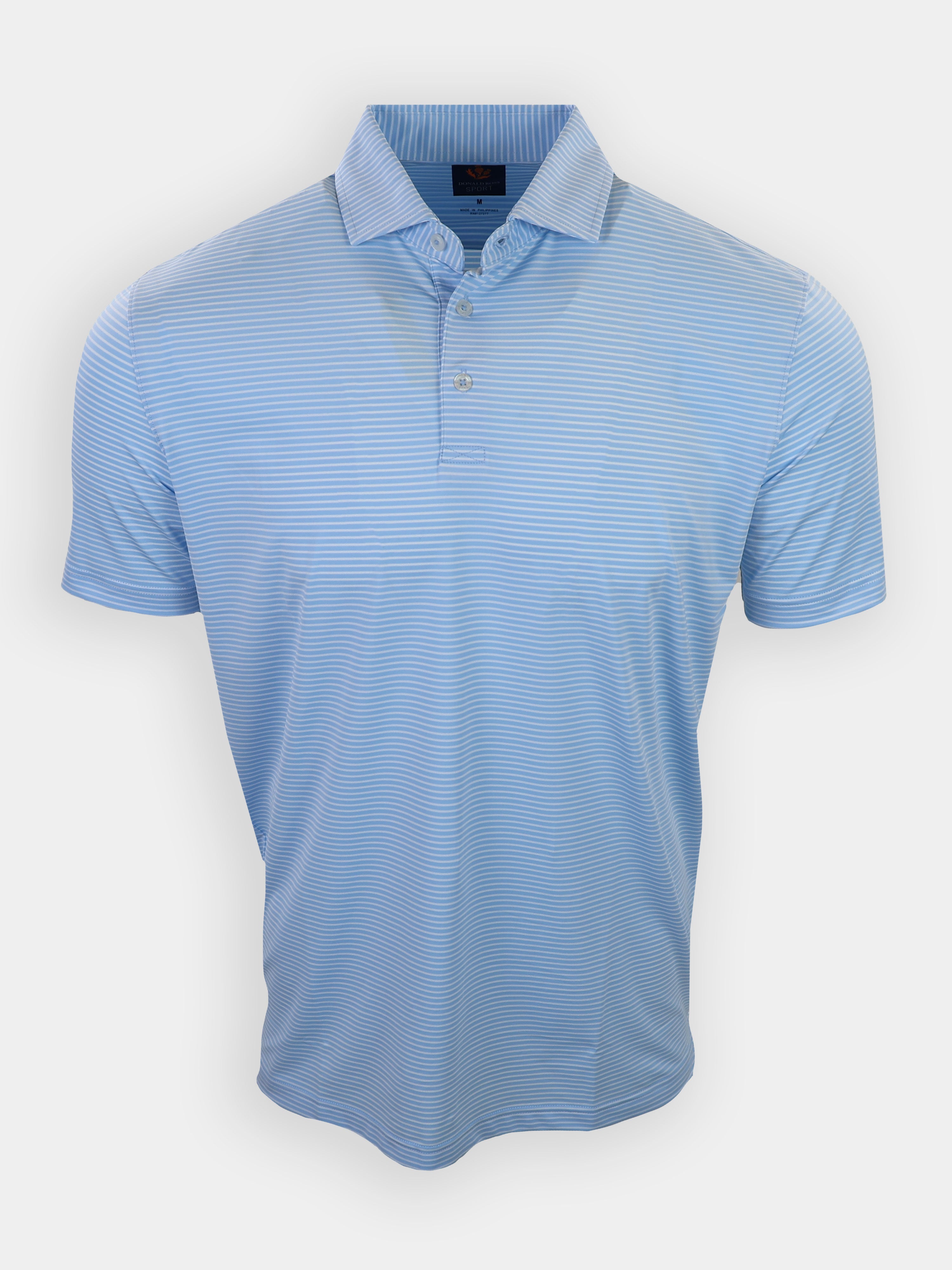 Light blue polo shirt with horizontal stripes and a buttoned collar displayed against a plain white background.
