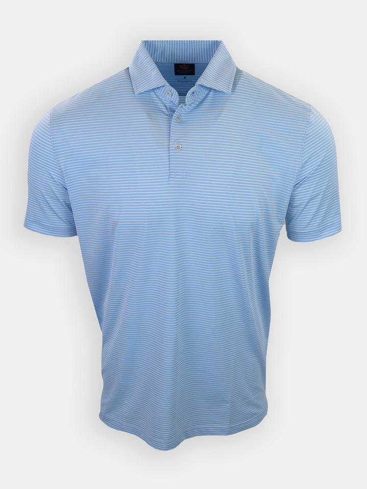 Light blue polo shirt with horizontal stripes and a buttoned collar displayed against a plain white background.