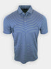 A blue striped polo shirt is displayed hanging against a plain white background.