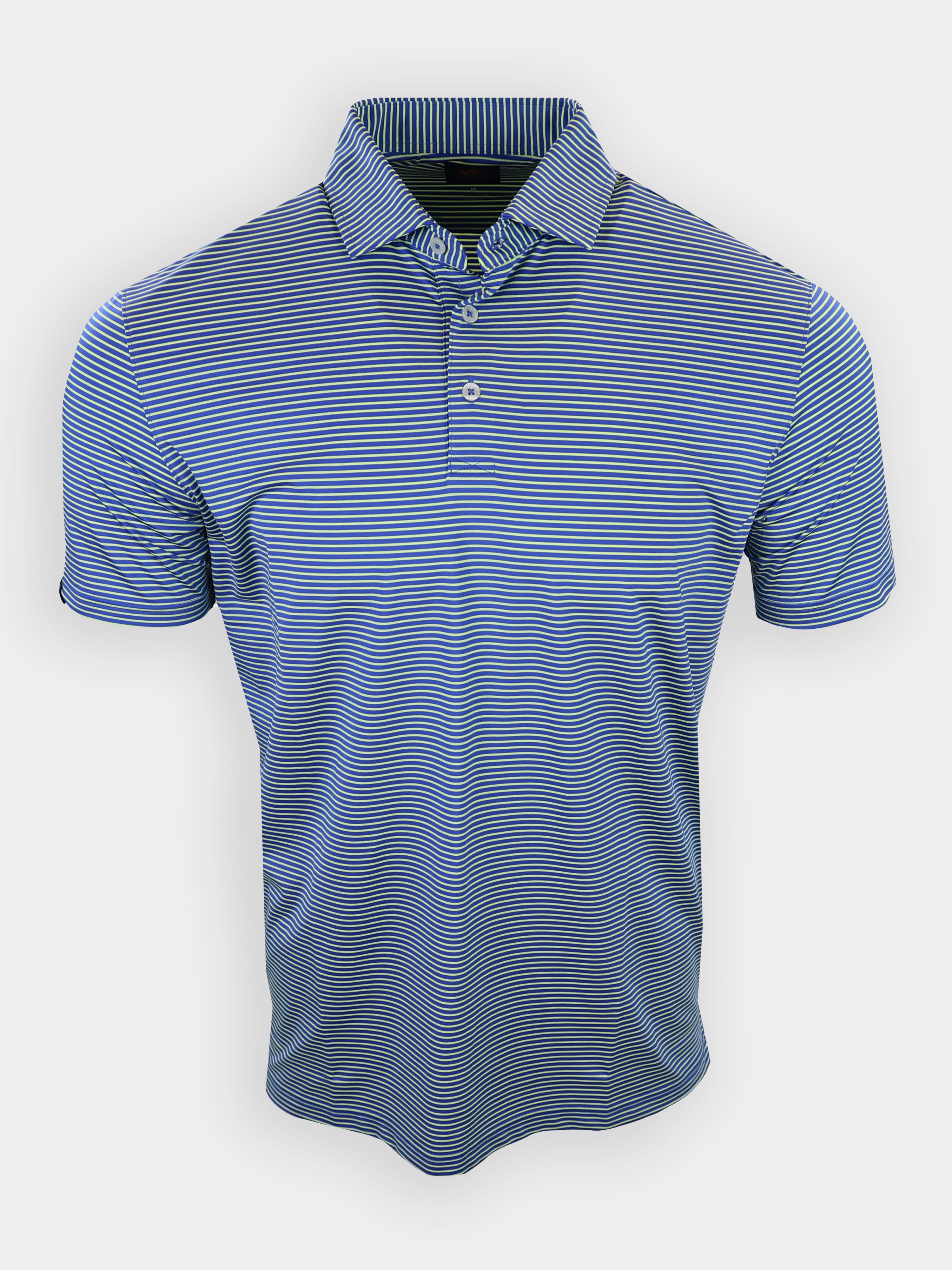 A blue striped polo shirt is displayed hanging against a plain white background.